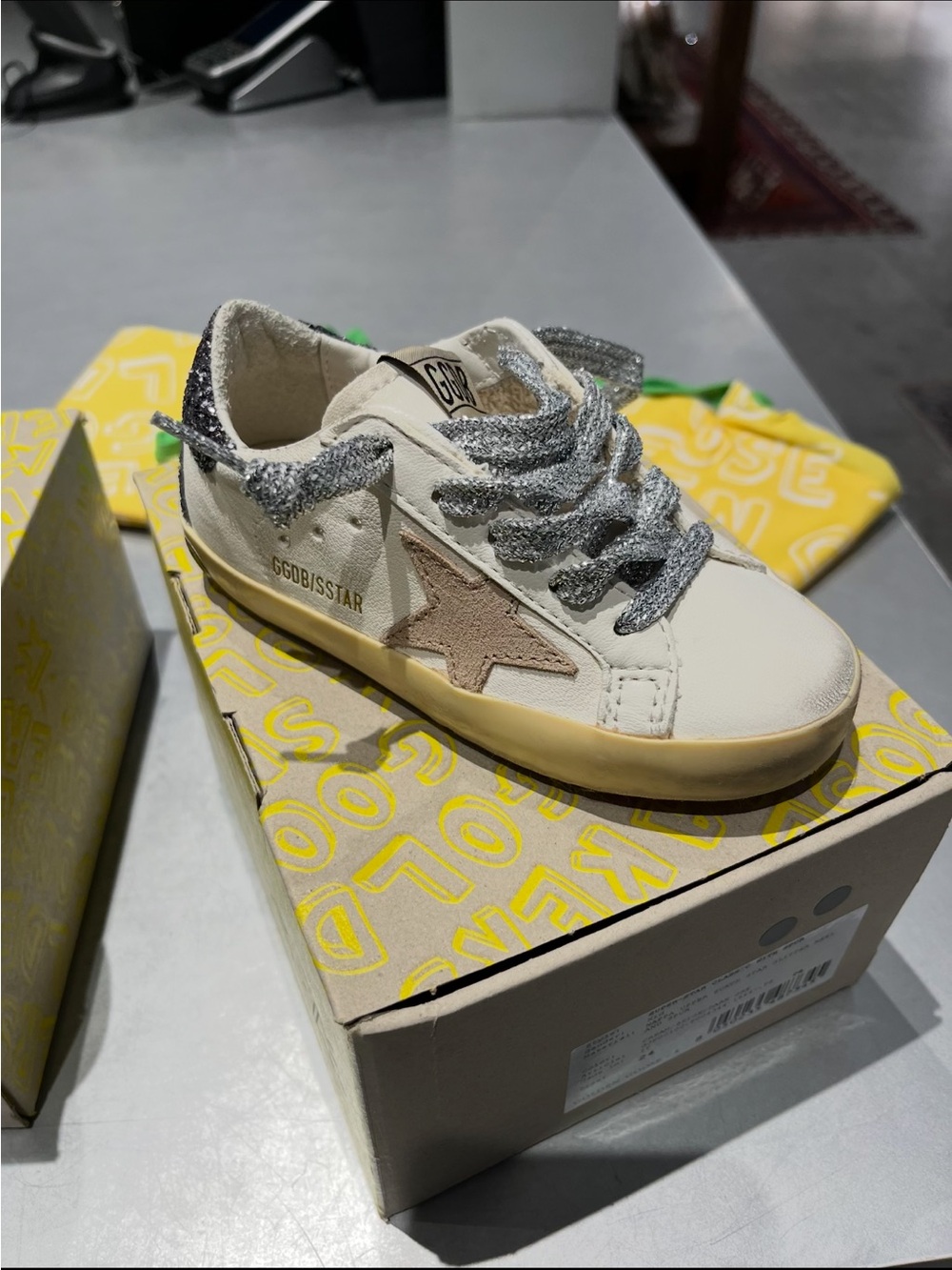 Golden Goose Kids Cream Sneaker with Beige Star and Silver Accents